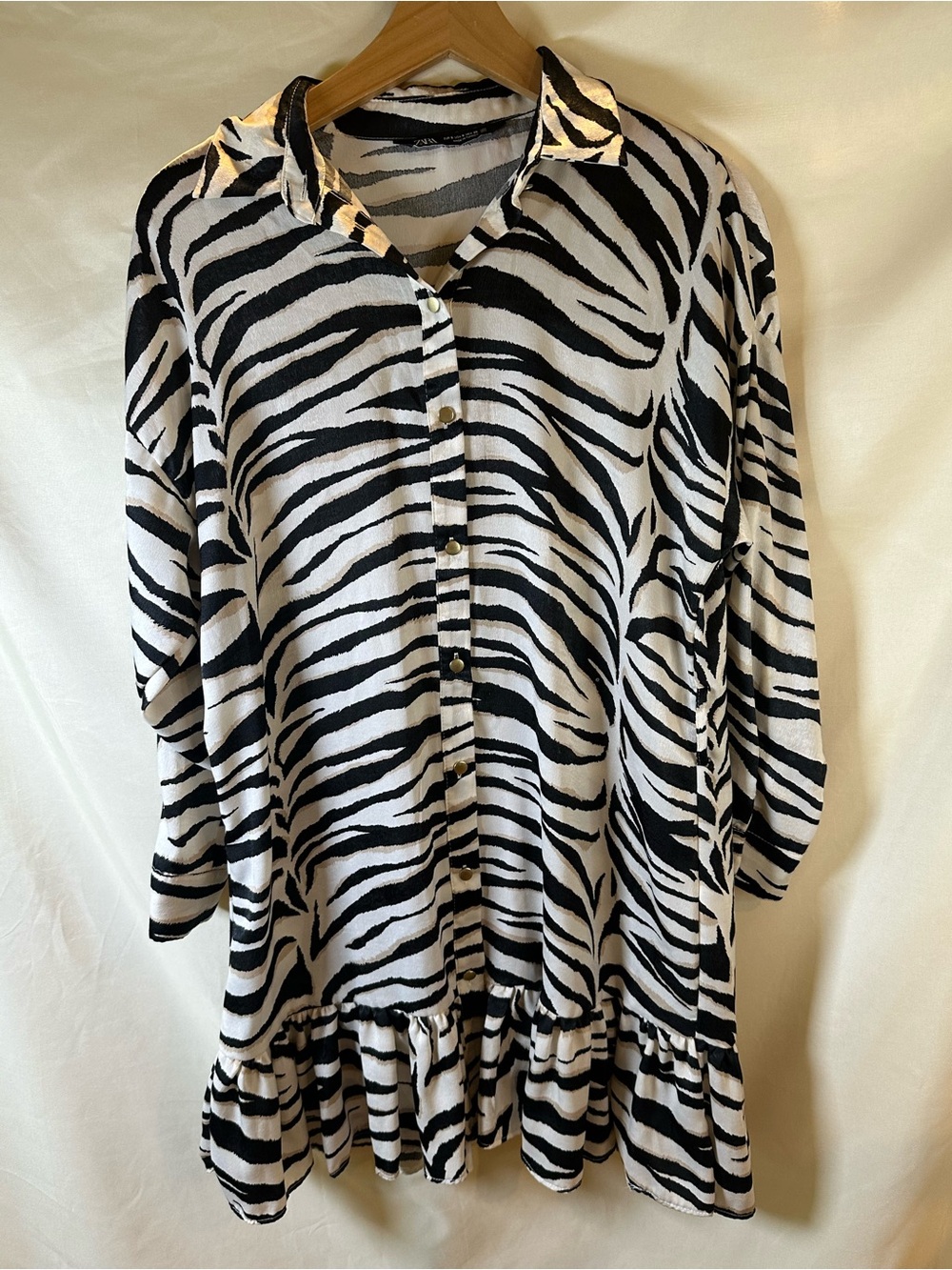 Zara Zebra Print button-Down Ruffle Hem dress maximalist silky satin funky